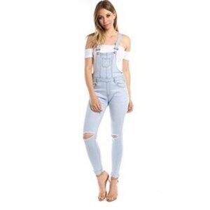 American Bazi Light Blue Denim Distressed Fitted Stretch Overalls